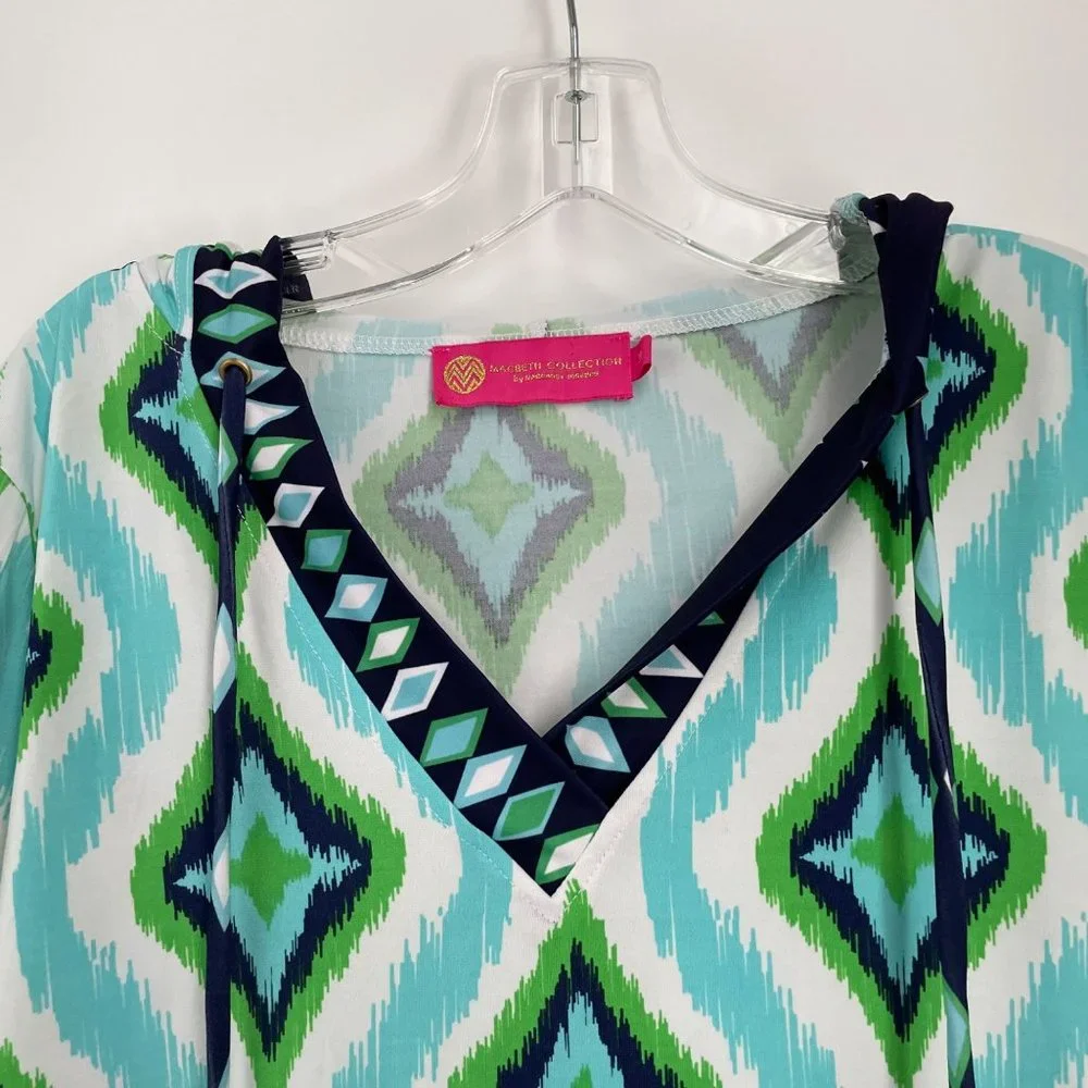 Macbeth Collection Green Print Hooded Bell Sleeve Swimsuit Coverup Medium M